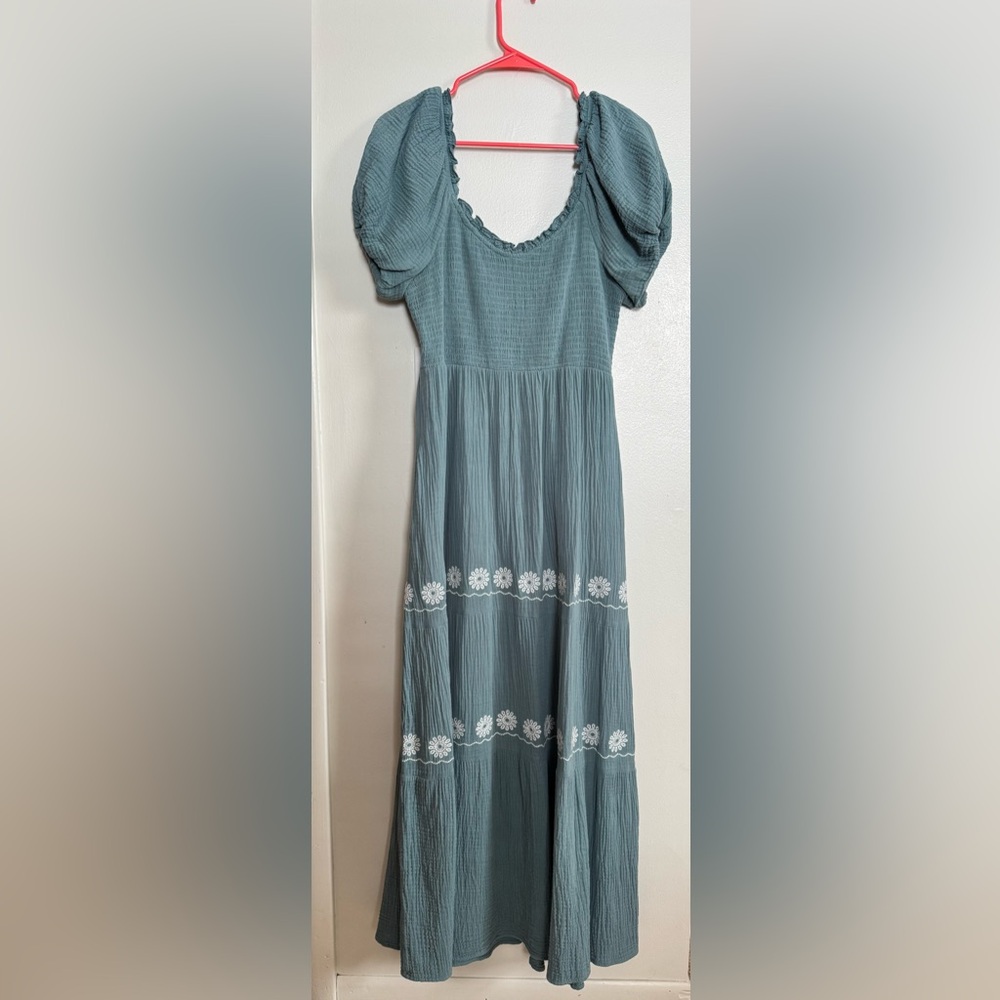 Blue Dress with White Embroidery